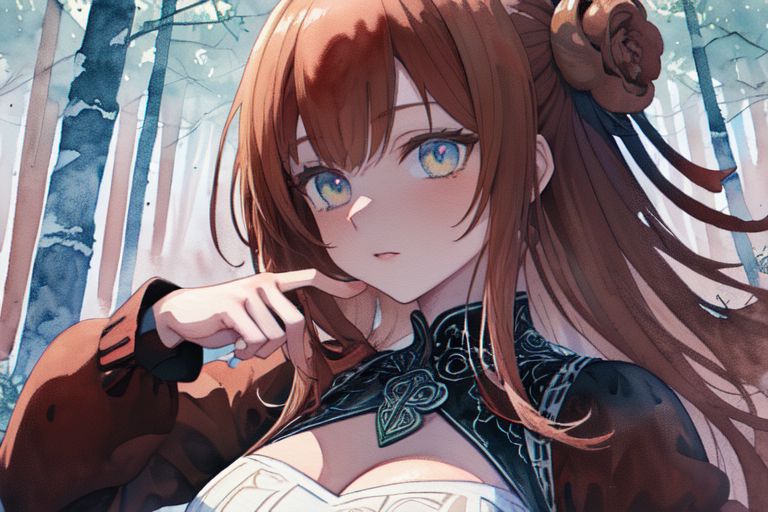 (masterpiece:1.4), 4K8K, (anime style, watercolor painting), (high shutterspeed:1.1), (sharp edges), 
flower rose, 1 woman prey with hands togather, neeling, leaning foward, 
wearing Celtic style dress, (Detailed face, Detailed eyes), 
(chestnut-colour:1.4), in the forest at night,