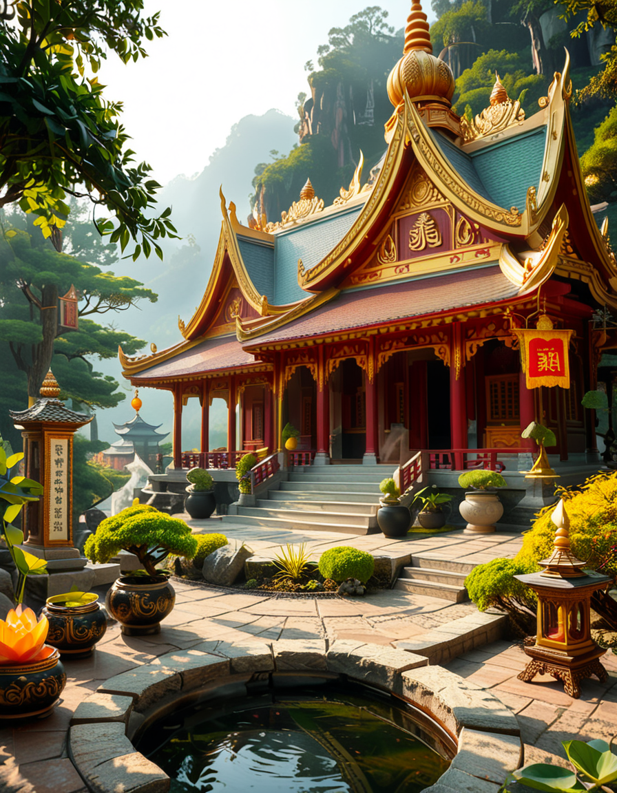 A majestic Buddhist temple nestled in a lush, misty mountain landscape. The temple features traditional curved rooftops with golden ornaments, intricate wooden carvings, and red and gold-painted walls. Large prayer flags in vibrant colors flutter in the wind, adding a spiritual atmosphere. A long stone staircase, partially covered in moss, leads to the main entrance, where a pair of large guardian statues stand watch. The scene is bathed in soft morning light, with gentle rays filtering through the mist, creating a serene and mystical ambiance. The background consists of towering green mountains and a sky with soft pastel hues. In the foreground, a Buddhist monk in deep orange robes walks peacefully along a stone pathway, holding a string of prayer beads. The overall composition conveys a sense of tranquility, spirituality, and harmony with nature.
<lora:SDXLFaeTastic2400:0.4> <lora:extremely_detailed:0.4> extremely detailed,<lora:Buddhist_t3mpl3:1>,Buddhist t3mpl3, Masterpiece,best quality,hi res,8k,hi res,8k,award winning,(sharp focus, intricate, highly detailed),
