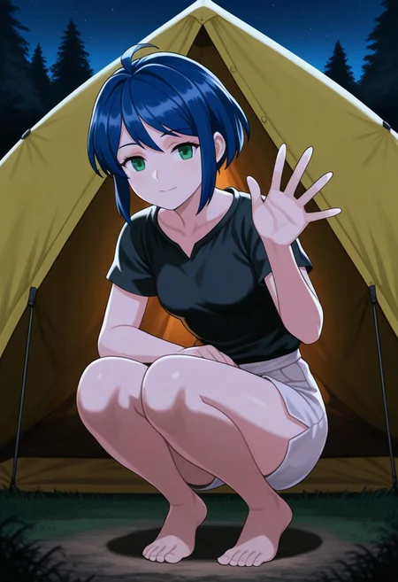 source_vanillaware,
1girl, solo,
LeahIL, Leah Unicorn Overlord,
green eyes, dark blue hair, sidelocks, short hair, small breasts,
black shirt, white shorts, barefoot,
opening tent, subtle smile, looking at viewer, crouching, one hand waving,
campground, tent, night,