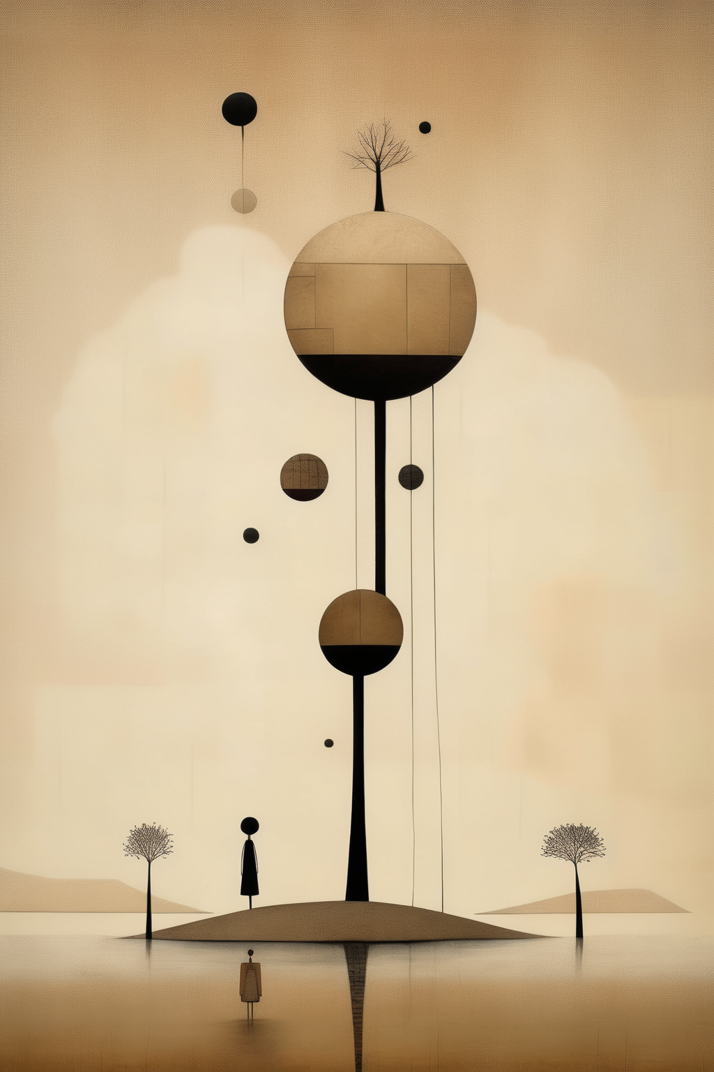 <lora:Gabriel Pacheco Style:1>Gabriel Pacheco Style - lone tree on the lake art bbc2, in the style of gabriel pacheco, post-minimalist structures, hiroshi nagai, minimalist sets, gediminas pranckevicius, light brown and black, nature-inspired installations