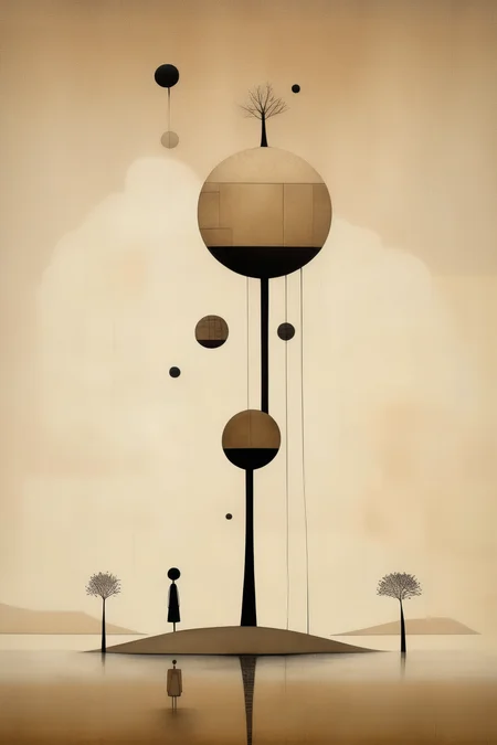 <lora:Gabriel Pacheco Style:1>Gabriel Pacheco Style - lone tree on the lake art bbc2, in the style of gabriel pacheco, post-minimalist structures, hiroshi nagai, minimalist sets, gediminas pranckevicius, light brown and black, nature-inspired installations