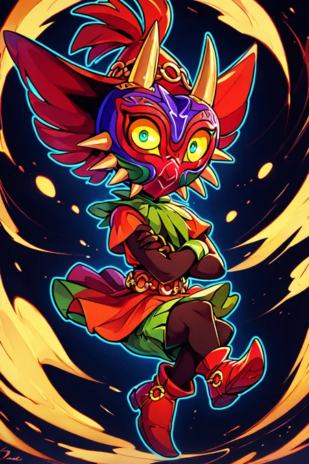 score_9, score_8_up, score_8, BREAK, , zzMajora, spikes, yellow sclera, 1boy, mask, horns, glowing eyes, floating, looking at viewer, full body, male focus, boots, crossed arms, crossed legs, black background, red footwear, <lora:MajoraZelda_PDXL:0.8>,, BREAK, smile, looking at viewer, ,,, abstract background, white outline, cowboy shot, ,,, embedding:zPDXL, Expressiveh, ,,, <lora:CatalystStylePDXL:0.6>, <lora:SDXLFaeTastic2400:0.5>, <lora:Expressive_H-000001:0.4>,