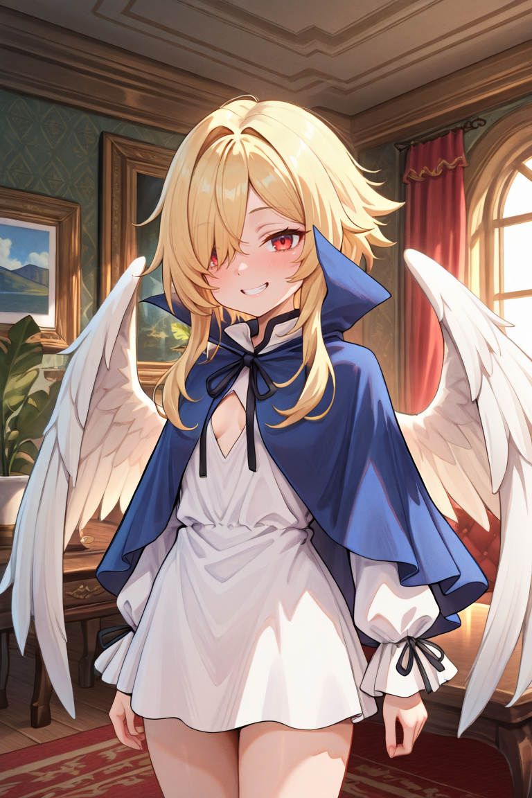 masterpiece, very aesthetic, absurdres, best quality, amazing quality, high resolution, <lora:illustrious_quality_modifiers_masterpieces_v1:0.8> , <lora:ChamIllustriousBackgroundEnhancer:0.5>,  solo,  <lora:No._367IL:0.8> , thrdef, 1girl, blonde hair, long hair, medium hair with long locks, hair over one eye, red eyes, wings, white wings, feathered wings, dress, white dress, short dress, blue cloak, popped collar, neck ribbon, black ribbon, center opening, long sleeves, cowboy shot, interior, sassy, grin, interior, living room, table, chairs, plant, paintings,