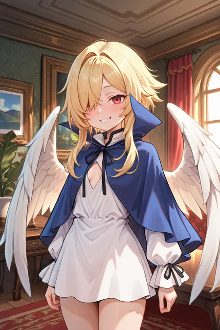 masterpiece, very aesthetic, absurdres, best quality, amazing quality, high resolution, <lora:illustrious_quality_modifiers_masterpieces_v1:0.8> , <lora:ChamIllustriousBackgroundEnhancer:0.5>,  solo,  <lora:No._367IL:0.8> , thrdef, 1girl, blonde hair, long hair, medium hair with long locks, hair over one eye, red eyes, wings, white wings, feathered wings, dress, white dress, short dress, blue cloak, popped collar, neck ribbon, black ribbon, center opening, long sleeves, cowboy shot, interior, sassy, grin, interior, living room, table, chairs, plant, paintings,