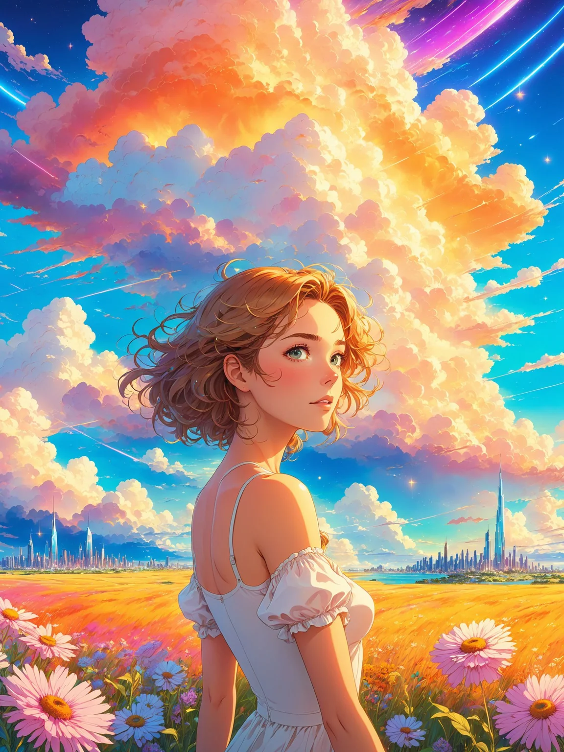 best quality, beautiful woman in the foreground, portrait, detailed face, anime, hdr, hd, cel shading, illustration, masterpiece, floating island in the sky, vibrant crystalline city, terraces, studio ghibli, matte painting, art by rhads, trending on artstation, golden hour, cel shading, breathtaking colorful clouds, stars, streaks, makoto shinkai, latex textures, postcard, synthwave colors, foreground wildflowers, supercell
<lora:holosomnia-xl-alpha:1>
