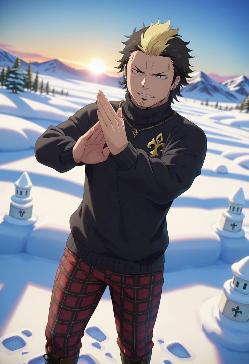 masterpiece, best quality, , (3d:0.4), , depth of field, 1boy, solo, male focus, <lora:ryuuji_suguro_ilxl:0.94>, ryuuji_suguro, black hair, black eyes, short hair, streaked hair, multicolored hair, two-tone hair, blonde hair, facial hair, stubble, , mountain palace, stone towers, snow courts, ice gardens, royal pose, commanding expression, sunrise, Plaid trousers, Fleur-de-lis Lace MidnightBlack Turtleneck sweater, Monk strap boots, , Scarecrow Mask