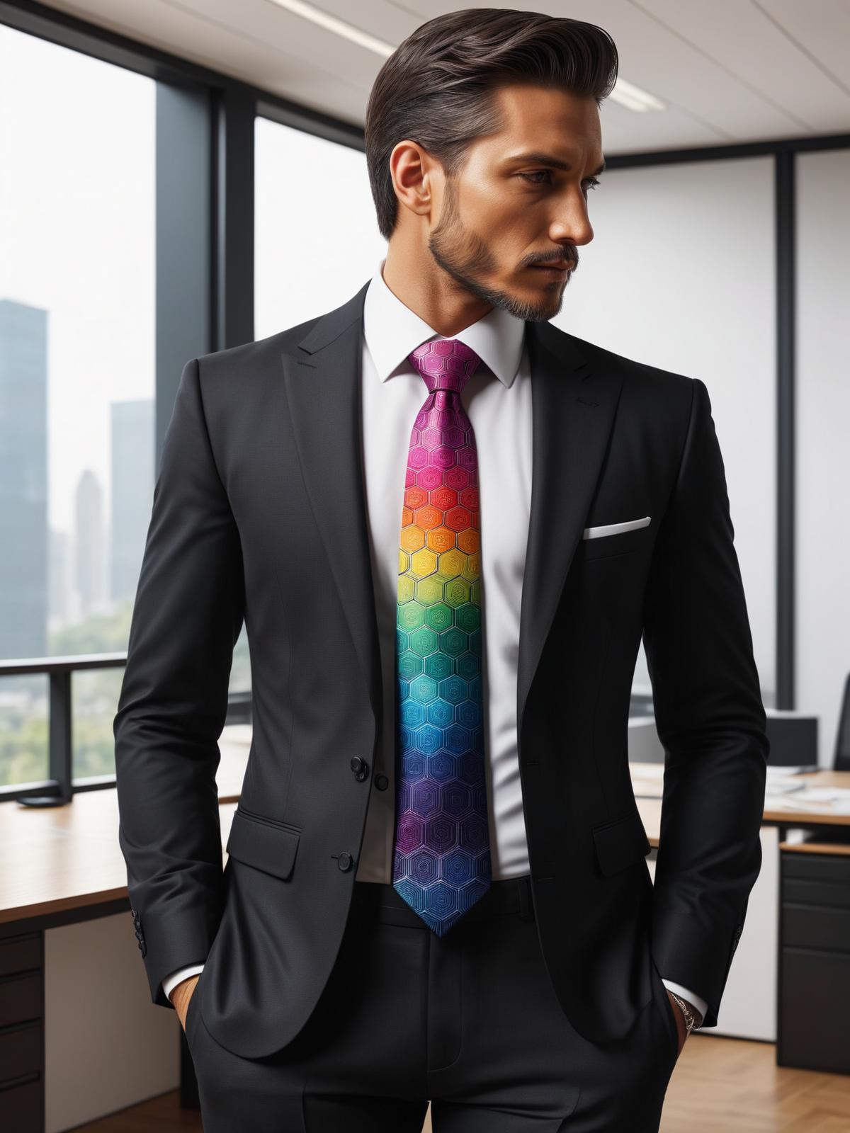 man wearing a colorful madhxg necktie and white shirt and black suit in office  <lora:Colorful_Hexadons_SDXL:0.8>, (masterpiece:1.2), best quality, (hyperdetailed, highest detailed:1.2), high resolution textures