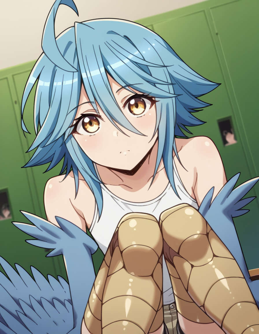 score_9, score_8_up, score_7_up, source_anime, <lora:harpy-papi-s1-ponyxl-lora-nochekaiser:1>, papi, hair between eyes, blue hair, yellow eyes, ahoge, wings, feathers, monster girl, feathered wings, scales, blue wings, harpy, winged arms, talons, bird legs, bare shoulders, shorts, short shorts, tank top, white tank top,, school hallway, lockers, between classes, everyday life, , looking at viewer, sitting, elbow rest, table,, solo,, dutch angle,
