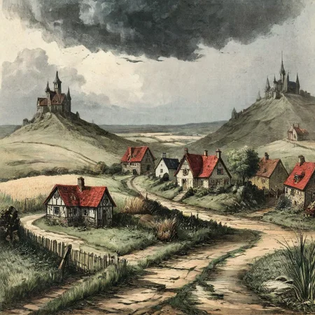 Victorian watercolor painting look from downhill river, faraway view , monochrome, best quality, absurd resolution, 26k wallpaper, with hints of red, oil-matte painting, busy skies, circular shape clouds, watchtower, intricate clouds, drawing masterpiece, very tall grass that is bend by the strong wind, night, beautifully crafted architecture, calm and relaxing art, black and white, fantasy village, houses made out of stone and wood with dirt roads, swamp far away, creative perspective, the skies are red, some houses are multi story, detailed wheat field, strong wing bends the tall grass, at the background there is a huge storm coming consuming the calm skies, surreal thunders coming out of that detailed sky, far from a peaceful village, corrupt ground under the storm far away, great sense of scale, mountains to the right side of the frame, UHD, very good quality, slight fog, smooth, sharp very detailed: 1.5 eroticism. rough sketch, sideview, 2d, moody, gloomy, dark picture, high contrast, stylized.