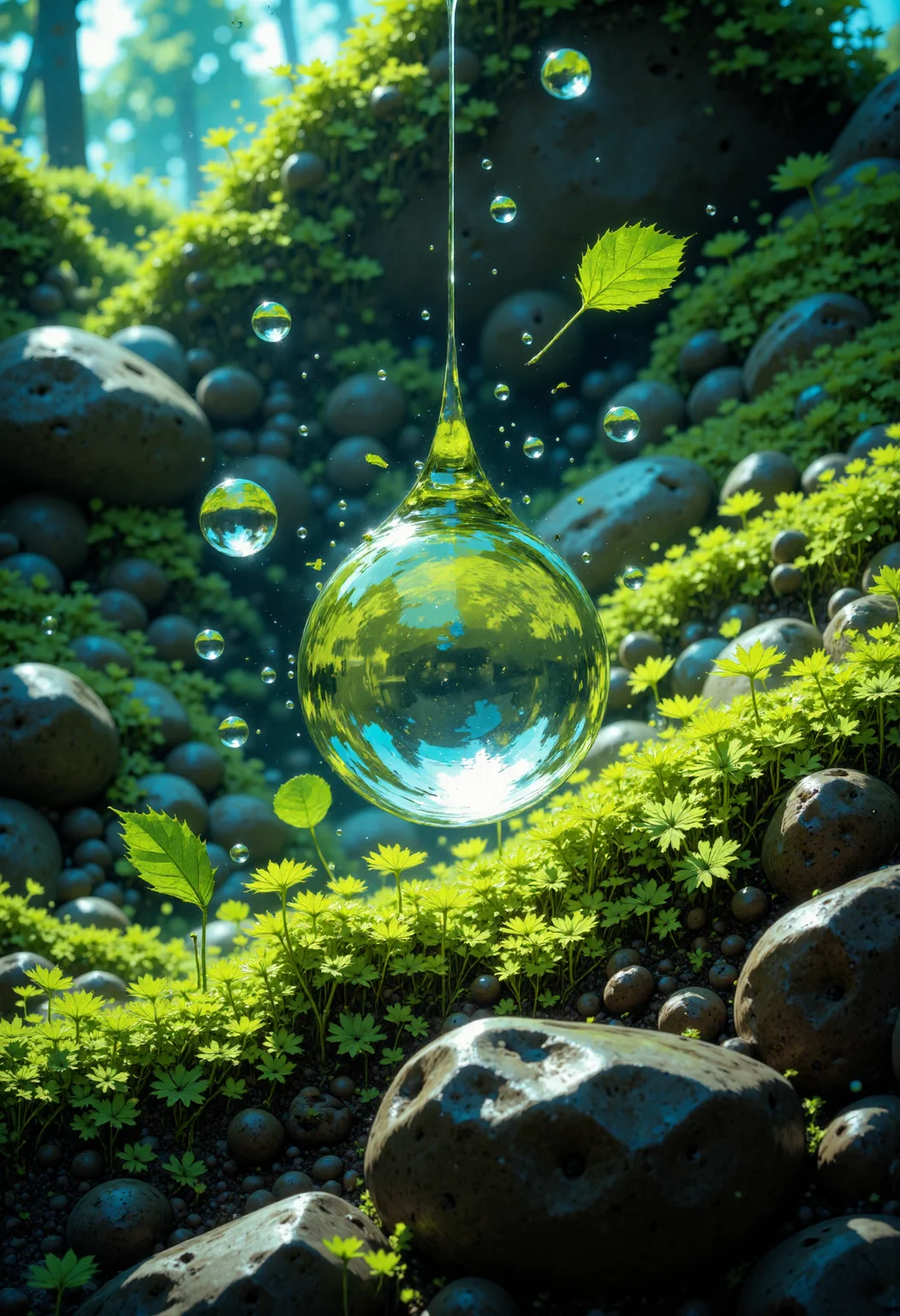 A delicate, crystal clear droplet of water, suspended in mid-air, refracting the vibrant green hues of the surrounding environment. The droplet, teardrop-shaped, glistens like a precious gem, its surface etched with microscopic ripples. As it hangs, tiny droplets of water burst forth, like tiny diamonds, in a mesmerizing display of kinetic beauty. The droplet rests upon a bed of lush, emerald green moss, its tiny leaves quivering in the faint, otherworldly light that permeates the scene. The air around it is alive with microscopic particles, suspended in a verdant haze, as if the very essence of the environment has been distilled into this singular moment. The camera's perspective is one of intimacy, as if the viewer is privy to a secret world, hidden from the prying eyes of the mundane. The lighting, a deep, electric green, casts an ethereal glow, imbuing the scene with an aura of mystique. The style, a blend of surrealism and hyperrealism, invites the viewer to step into this fantastical realm, to lose themselves in the beauty and wonder of this tiny, shimmering world.<lora:CustomFlux/MysticComic.safetensors:1.0:1.0>