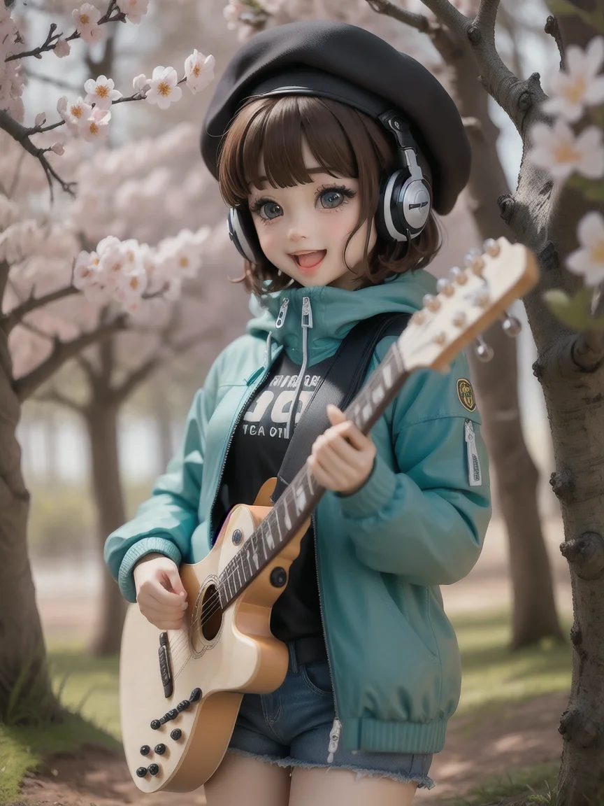 (masterpiece),(best quality),(ultra-detailed), (full body:1.2),
1girl,chibi,cute, smile, open mouth,
flower, outdoors, playing guitar, music, beret, holding guitar, jacket, blush, tree, :3, shirt, short hair, cherry blossoms, green headwear, blurry, brown hair, blush stickers, long sleeves, bangs, headphones, black hair, pink flower,
(beautiful detailed face), (beautiful detailed eyes),
<lora:figmaAnimeFigures_figma:1>