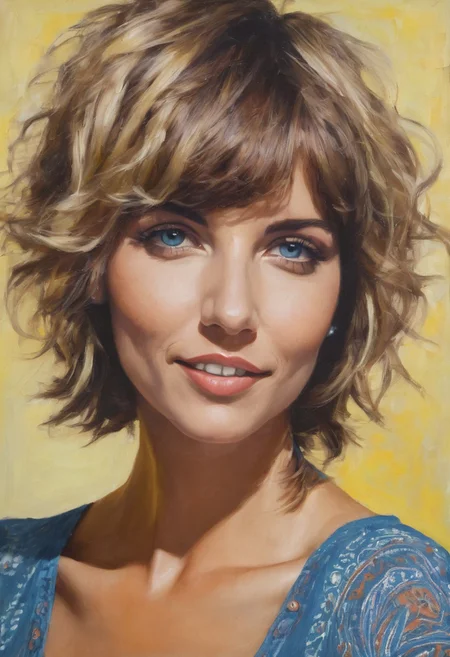 ((oil painting)), 1girl, Short-haired busty blonde English hippy girl, tanned skin, ((loose and skimpy hippy summer-dress with extremely low-plunging front)), ((translucent)), (dropped armholes), ((exposed breast)), (side-boob), (tubular breasts), ((cheeky embarrassed smile)), tattoo on shoulder, ((dimples)), (((blue-textured short dark-brown pixie-cut hair))), sunny evening, formal event Intricate textures, (high detailed skin:1.5),