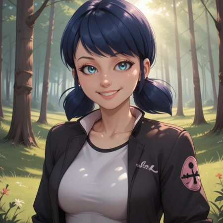 score_9, score_8, BREAK, solo, Marinette Dupain-Cheng, Dark blue hair, standing, tight jeans, pink pants, white shirt, black jacket, sexy pose, self portrait, smile, looking at viewer, outdoors, sunlight, shadows, evening lighting, natural lighting, forest, trees, grass, orange sky, sunset