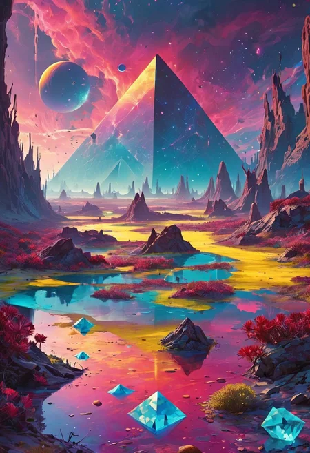 Imagine a vast, surreal alien world where vibrant environments blend seamlessly. In the foreground, a geometric garden bursts with colossal flowers shaped like cubes and pyramids, inhabited by whimsical creatures with crystalline bodies and iridescent wings.
To the left, a shimmering crystal forest rises under a sky filled with swirling galaxies and multiple moons, while a toxic swamp bubbles with iridescent waters and gnarled trees with neon yellow bark lurks on the right.
Floating islands of unique geometric shapes hover above, connected by bridges of pure light, surrounded by fractal mountains in deep red and teal. A bioluminescent desert stretches out, its glowing sand contrasting with an alien ocean shimmering with every color, home to strange aquatic creatures.
The sky is a cosmic masterpiece of deep purples and electric blues, dotted with multiple suns and pulsing geometric clouds. The air is thick with a glowing mist, and bizarre creatures of all shapes inhabit this vibrant, living landscape, creating an ultimate alien dreamscape that defies reality.
style of greg rutkowski,janek sedlar,jenny saville:0]  <lora:vivid_everclear:0.35>  <lora:Sinozick:0.35>  <lora:MJ52:0.35>