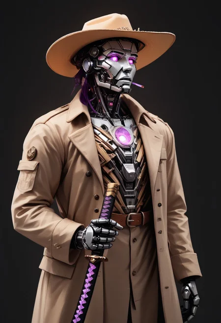 Highly detailed dark cinematic scene.
score_9, score_8_up, score_7_up, score_6_up, score_5_up, score_4_up, realistic, concept art , 1man, solo, post apocalypse outfit, purple cape blowing in the wind, cowboy hat, robot arm, trench coat, mechanical mask, purple glowing chest, glowing eyes, holding katana,
The atmosphere is dark yet magical, blending eerie stillness with melancholy. Bright colors and cozy highlights contrast the shadowy backdrop lined with amethysts. asdfm3cha
WORLD MORPH MATCHES, FIRE, monochrome, glow, neon, asdfm3cha