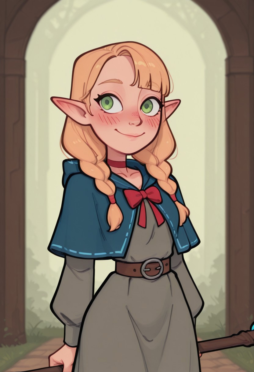 smoove,

1girl, solo, braid, bangs, smile, blush, collarbone, cowboy shot, blonde hair, long hair, green eyes, twin braids, asymmetrical bangs, hair ribbon, closed mouth, pointy ears, red choker, grey dress, blue capelet, red bow, red bowtie, brown belt, elf, choker, belt, staff, dress, long sleeves, hood, hood down, hair over shoulder, long dress, hooded capelet, capelet, bow, bowtie, belt buckle