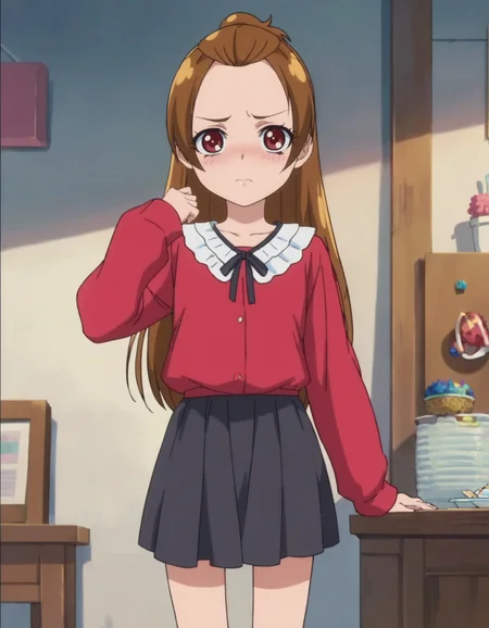 score_9, score_8_up, score_7_up, anime screencap, solo,1girl,madokaaguri,red shirt, black skirt, black ribbon, neck ribbon,long sleeves looking at viewer,cowboy shot ,small breasts,blush,<lora:madokaaguri:0.8>