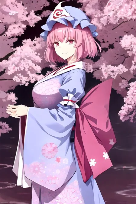 Yuyuko, pink hair, saigyouji yuyuko, breasts, short hair, triangular headpiece, hat, solo, mob cap, looking at viewer, japanese clothes, large breasts, pink eyes, kimono, smile, blue headwear, blue kimono, long sleeves, bangs, frills, wide sleeves, hair between eyes