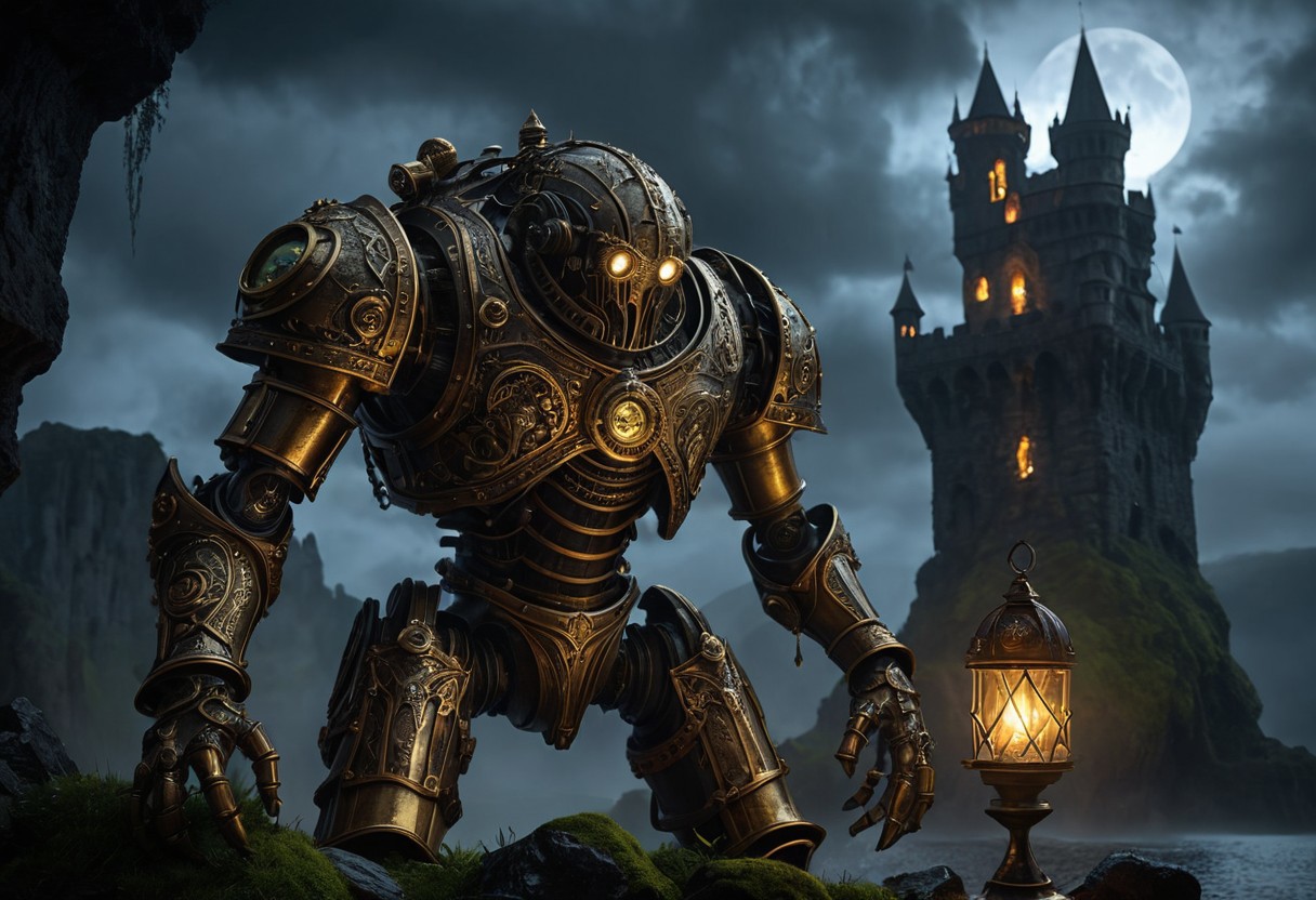 giant bipedal robot brass and blue
 striped paint, bronze paisley robot. lacy robot metal. eye helmet torso head. outside of a steampunk keep. large detailed torso. dark image. one forty foot tall ancient robot with great arms and two heavy spring legs. dark foggy night background. $dark foggy night image only. dark photo realistic image. steampunk details. cogs, chains and pipes incorporated in the fantasy buildings. magic wizards tower in background. Dark swamp, moss, castle ruins, wizards tower. stormy dark night. stormy sky. rain. no head.