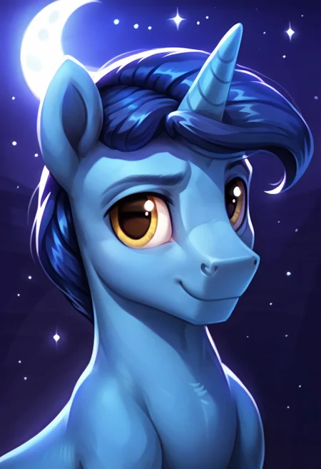 score_9, score_8_up, score_7_up, score_6_up, score_5_up, score_4_up, my little pony, ((feral pony)), ((NIGHT LIGHT)), 1MAN, ((solo)), (sexy), beautiful, detailed, (detailed cute pony face), detailed GOLDEN eyes, detailed DARK BLUE fur, ((Beautiful UNICORN pony:1.5)), beautiful, vector, (beautiful dark blue short hair), (looking at you), calm smile, (((blue starry night sky))), blue crescent moon, ((front view)), MUSCULAR STALLION, muscles