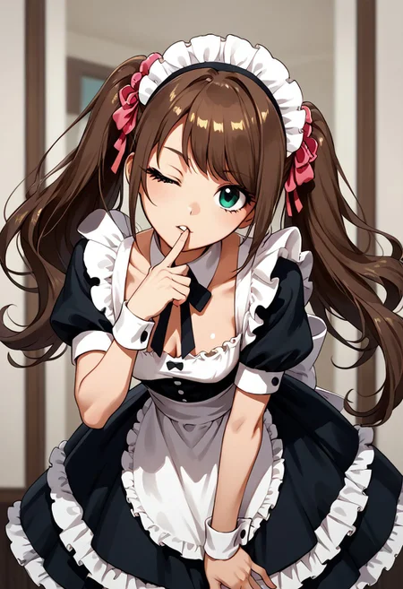 score_9, score_8_up, score_7_up, source_anime, best quality, absurdres, very aesthetic, shiny skin, posing, rating safe,
<lora:mizusaki.pony:1>,
mizusaki, maid outfit, medium breasts, skinny, leaning forward, looking at viewer, one eye closed, pursed lips, finger to mouth