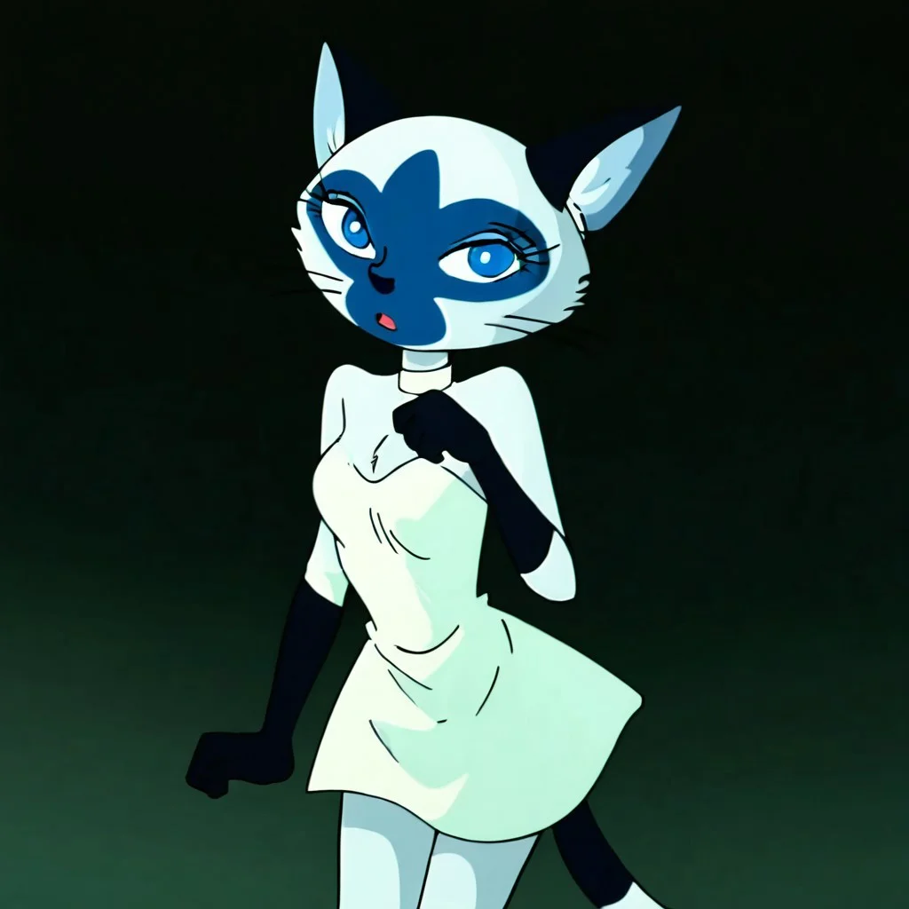 1girl, solo, cat girl, anthro, siamese, tail, shanet, white off-shoulder dress, black forearm, barefoot