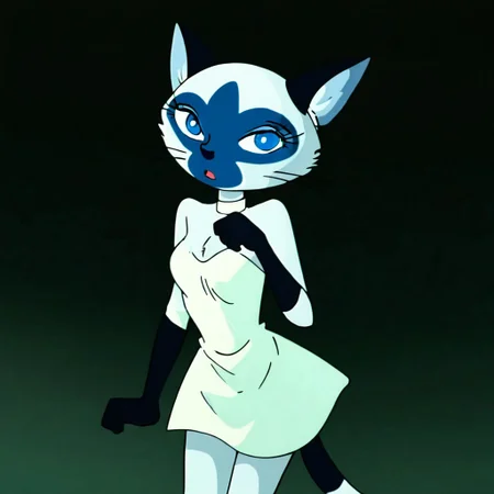 1girl, solo, cat girl, anthro, siamese, tail, shanet, white off-shoulder dress, black forearm, barefoot
