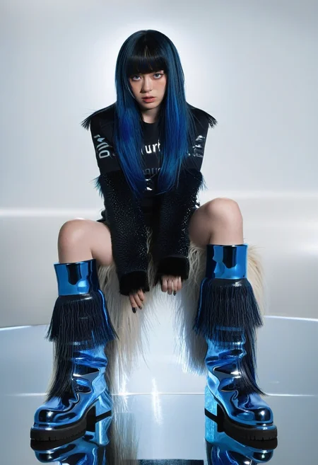 <lora:Editorial_Styles_SDXL:0.7> young woman, blue hair, straight hair, fringe, bangs, sitting pose, reflective floor, black top, furry boots, long hair, intense gaze, fair skin, glossy makeup, fashion photography, studio lighting, edgy aesthetic, futuristic look, high fashion, portrait,