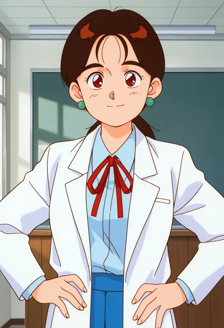 masterpiece, best quality, source_anime,official art,perfect_anatomy,1990s_\(style\),retro_artstyle,1girl,solo,Ruruko Himeki,earrings,neck_ribbon,shirt,Insurance_doctor,white_coat,looking_at_viewer,smile,upper_body,hands_on_hip,day,school,indoors