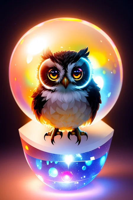 A cute adorable baby owl made of crystal ball with low poly eye's surrounded by glowing aura, flamming sparkles highly detailed intricated concept art trending artstation 8k