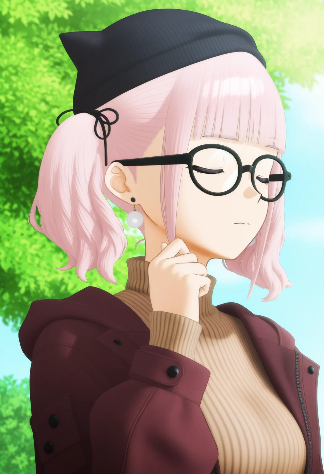 GBC_HINA,1girl,pink hair,solo,glasses,twintails,closed eyes,jewelry,wool hat,dark red jacket,black-framed eyewear,earrings,black headwear,bangs,turtleneck sweater,hair ribbon,turtleneck,outdoors,upper body,ribbon,closed mouth,day,black ribbon,open clothes,long sleeves,open jacket,hand up,blunt bangs,brown sweater,black hat,3D,<lora:GBC_HINA_illustrious-000020:1>