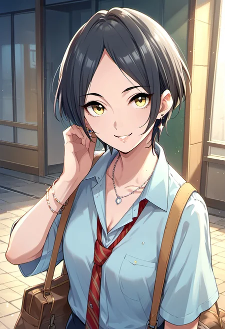 score_9, score_8_up, score_7_up, source_anime, hayami kanade, short hair, yellow eyes, black hair, 1girl, jewelry, necklace, solo, necktie, earrings, looking at viewer, bracelet, bag, parted bangs, smile
