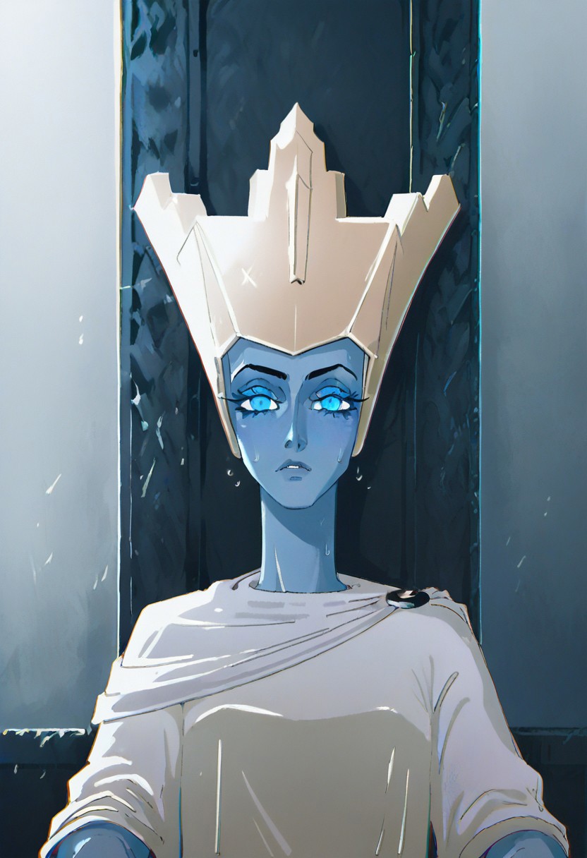 score_9, score_8_up, score_7_up, sn0wqu33n, 1girl, solo, colored skin, blue skin, blue eyes, crown, cape, white dress, flat color, closeup, cold colors, sharp lines, looking at viewer, portrait, emotionless face, throne,