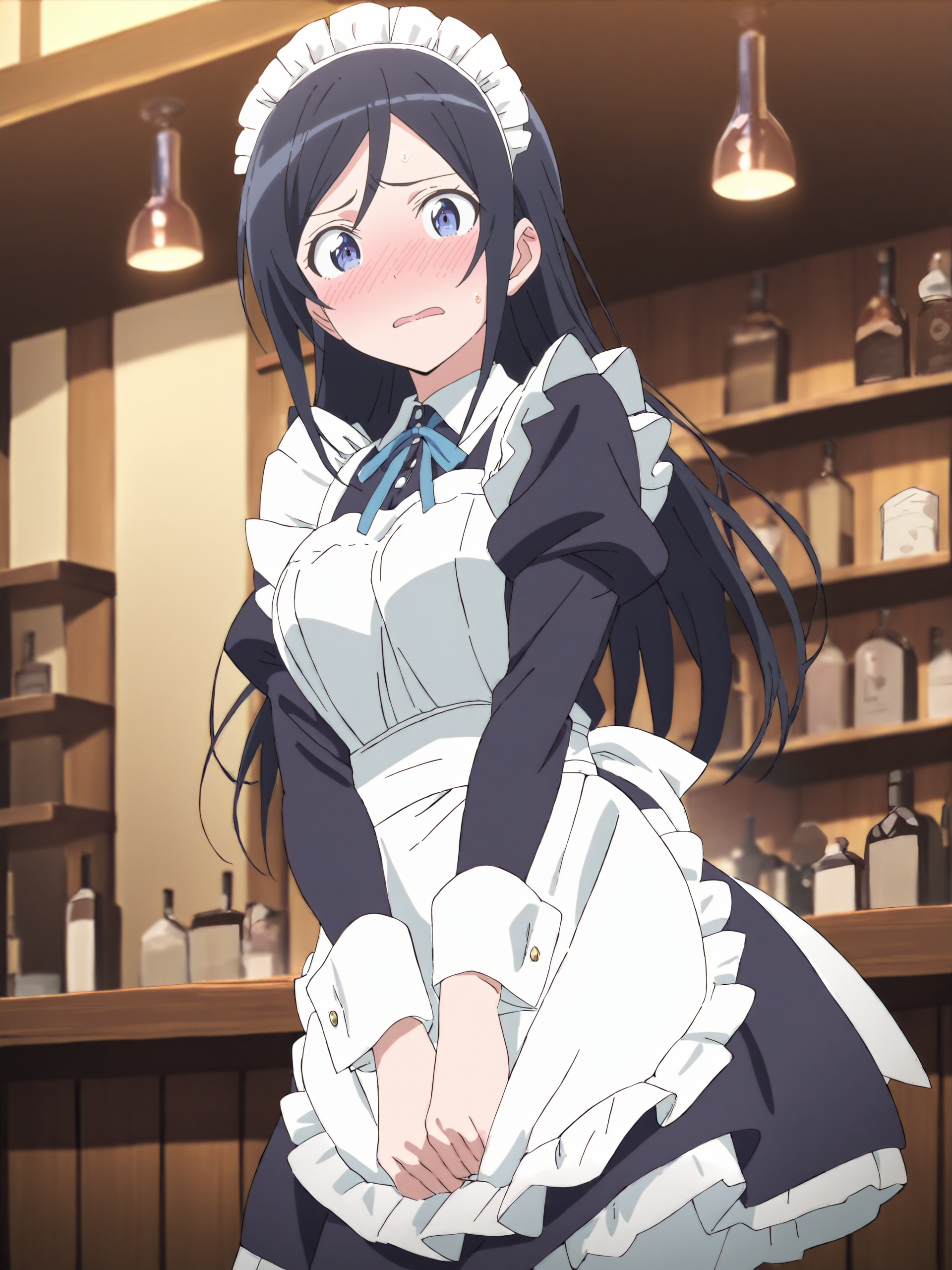 masterpiece, high score, great score, absurdres, anime screenshot, anime coloring,  <lora:Char-Aragaki_Ayase-V1-SDXL:1:hr=0.7>, 1girl, aragaki ayase, solo, maid, maid headdress, maid apron, embarrassed, white pantyhose, open mouth, blush, parted lips, looking at viewer, cowboy shot, bar \(place\), indoors, depth of field