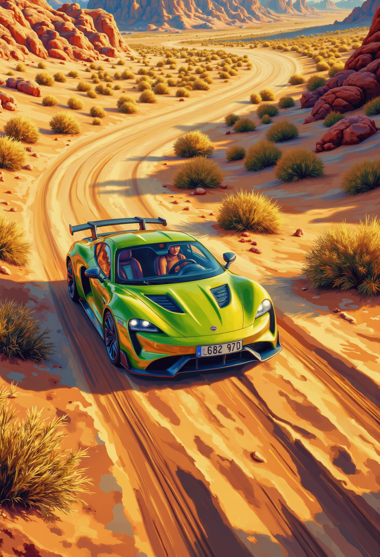 a light green Taycan GT is driving at high speed in the desert and sand dunes, noon sun, bird's eye view