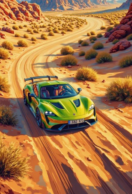 a light green Taycan GT is driving at high speed in the desert and sand dunes, noon sun, bird's eye view