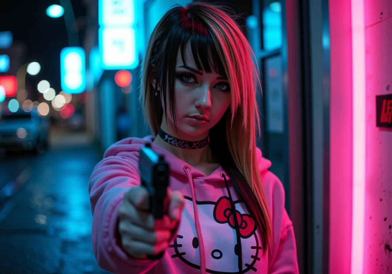 cinematic nighttime scene of an intense emo_jbx young woman with standing in a neon-lit urban alleyway; she has long, layered emo hair with sleek, long angled bangs parted at the side covering one eye, styled in light brown with soft blonde highlights, falling down to her chest in edgy layers; sheâs wearing a pink Hello Kitty hoodie with the hood down, adding a playful contrast to her dark vibe, along with dramatic black winged eyeliner and striking white lipstick, giving her an intense, edgy look; she wears a black choker around her neck, her expression serious as she holds a handgun pointed slightly forward, exuding confidence and mystery; the background is a dimly lit urban alley with neon signs casting a mix of cool blues and warm pink lights, reflecting off the wet pavement, with soft bokeh lights in the distance, creating a moody, atmospheric setting; no recognizable logos or branding, just a gritty, cinematic backdrop with neon accents, vantablack, Emo_JBX<lora:DarkCore-000003.safetensors:1.0:1.0> <lora:- Flux1 - vanta_black_V2.0.safetensors:0.4:0.4> <lora:Emo_JBX_flux.safetensors:1.1:1.1>