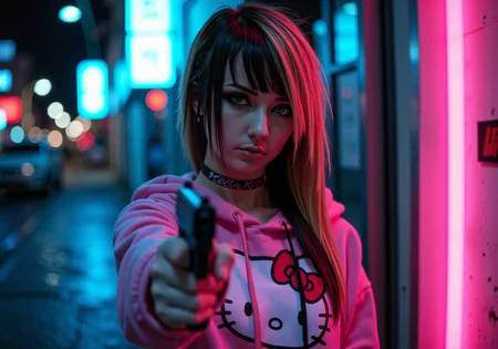 cinematic nighttime scene of an intense emo_jbx young woman with standing in a neon-lit urban alleyway; she has long, layered emo hair with sleek, long angled bangs parted at the side covering one eye, styled in light brown with soft blonde highlights, falling down to her chest in edgy layers; sheâs wearing a pink Hello Kitty hoodie with the hood down, adding a playful contrast to her dark vibe, along with dramatic black winged eyeliner and striking white lipstick, giving her an intense, edgy look; she wears a black choker around her neck, her expression serious as she holds a handgun pointed slightly forward, exuding confidence and mystery; the background is a dimly lit urban alley with neon signs casting a mix of cool blues and warm pink lights, reflecting off the wet pavement, with soft bokeh lights in the distance, creating a moody, atmospheric setting; no recognizable logos or branding, just a gritty, cinematic backdrop with neon accents, vantablack, Emo_JBX<lora:DarkCore-000003.safetensors:1.0:1.0> <lora:- Flux1 - vanta_black_V2.0.safetensors:0.4:0.4> <lora:Emo_JBX_flux.safetensors:1.1:1.1>