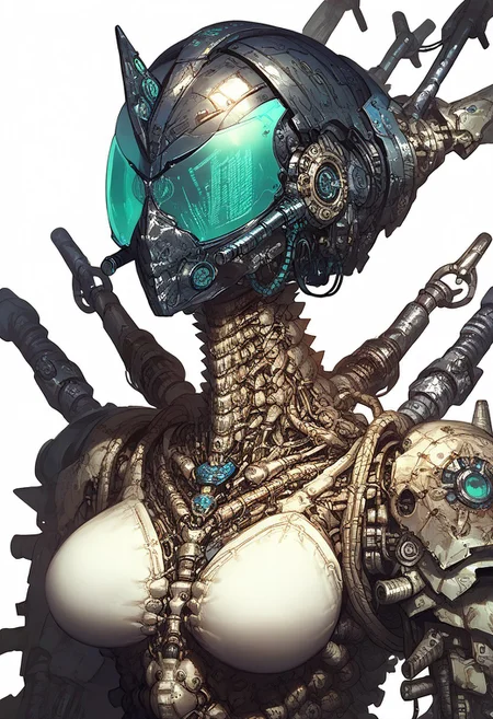 score_9, score_8_up, score_8, anime style,  masterpiece, best quality, amazing quality, intricate detail, highly detailed,
mechanical_armor, mechanical_mask, mechanical_helmet, 1girl, solo, breasts, simple background, white background, collar, spikes, cable, spiked collar, spine
