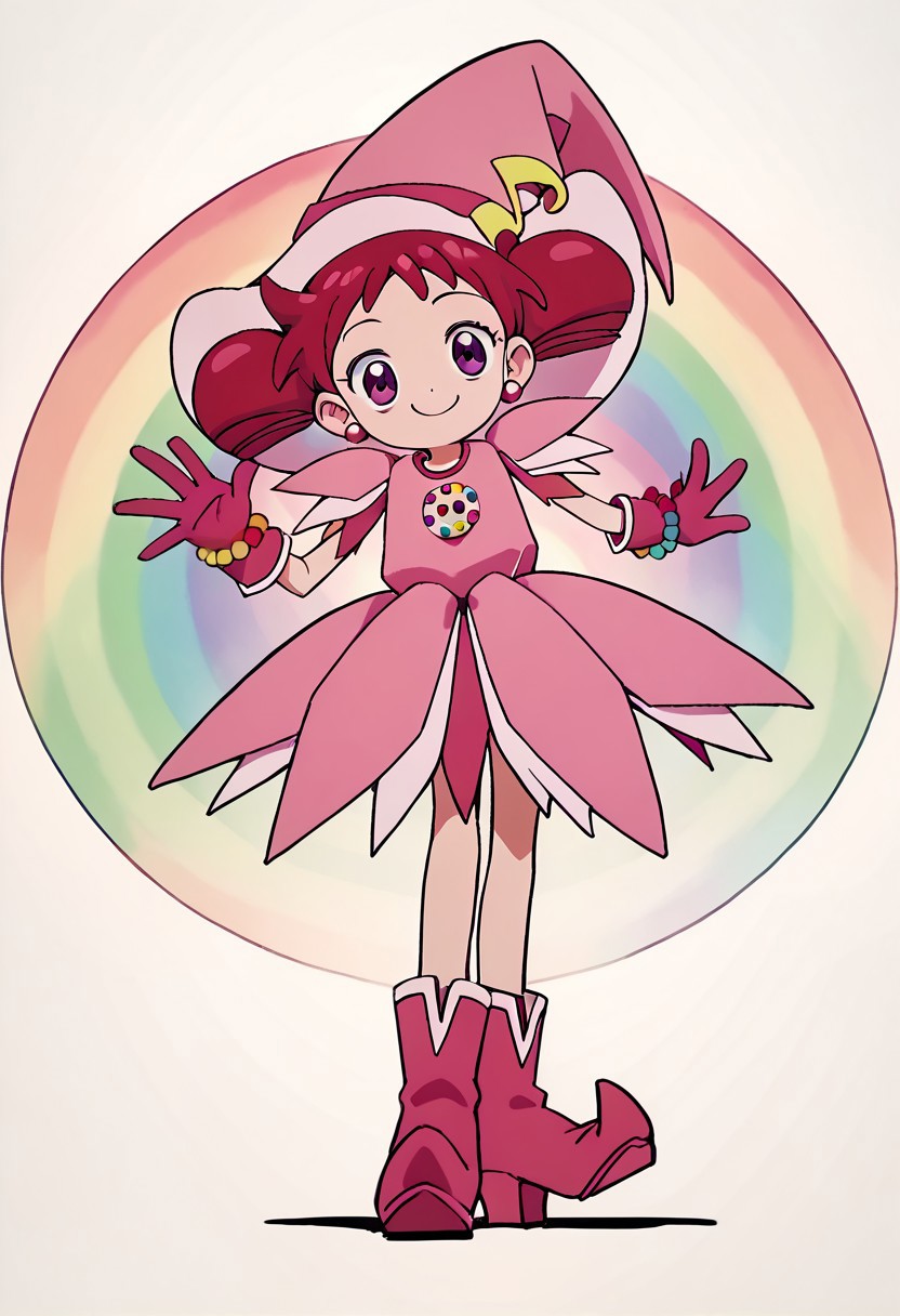 score_9, score_8_up, score_7_up BREAK Doremi2, 1girl, short red hair, purple eyes, fuchsia pearl earrings, odango pigtails on top of pink witch hat, fuchsia hat band with yellow musical note, layered short-sleeve pink dress, rainbow pearl circle chest badge, fuchsia gloves, fuchsia white boots, rainbow pearl wristband, full body, smiling at viewer,