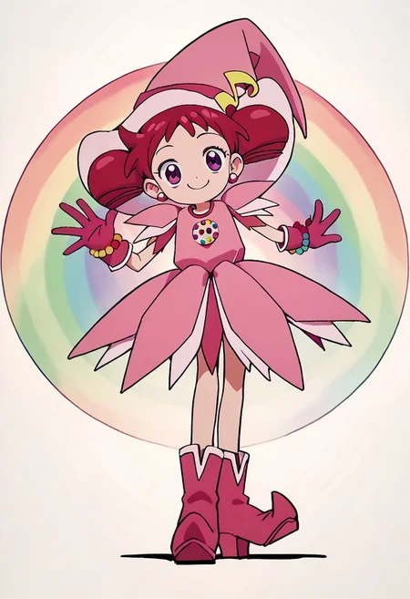 score_9, score_8_up, score_7_up BREAK Doremi2, 1girl, short red hair, purple eyes, fuchsia pearl earrings, odango pigtails on top of pink witch hat, fuchsia hat band with yellow musical note, layered short-sleeve pink dress, rainbow pearl circle chest badge, fuchsia gloves, fuchsia white boots, rainbow pearl wristband, full body, smiling at viewer,