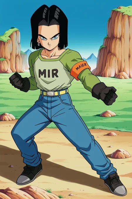 score_9,score_8_up,score_7_up, score_6_up, BREAK, android 17,1boy,solo,full body,break wasteland, brown ground, plateau, blue sky, grass, water, black hair,short hair, light blue eyes,yellow belt, white shirt,green raglan sleeves, jeans, orange ranger armband,black gloves, expressionless,looking at viewer, closed mouth, black clothes writing, long sleeves,mir, legs apart, fighting stance, black shoes,grey earrings,mountain, (from side:0.7) <lora:BreakWastelandPony:1> <lora:Android17Pony:1>