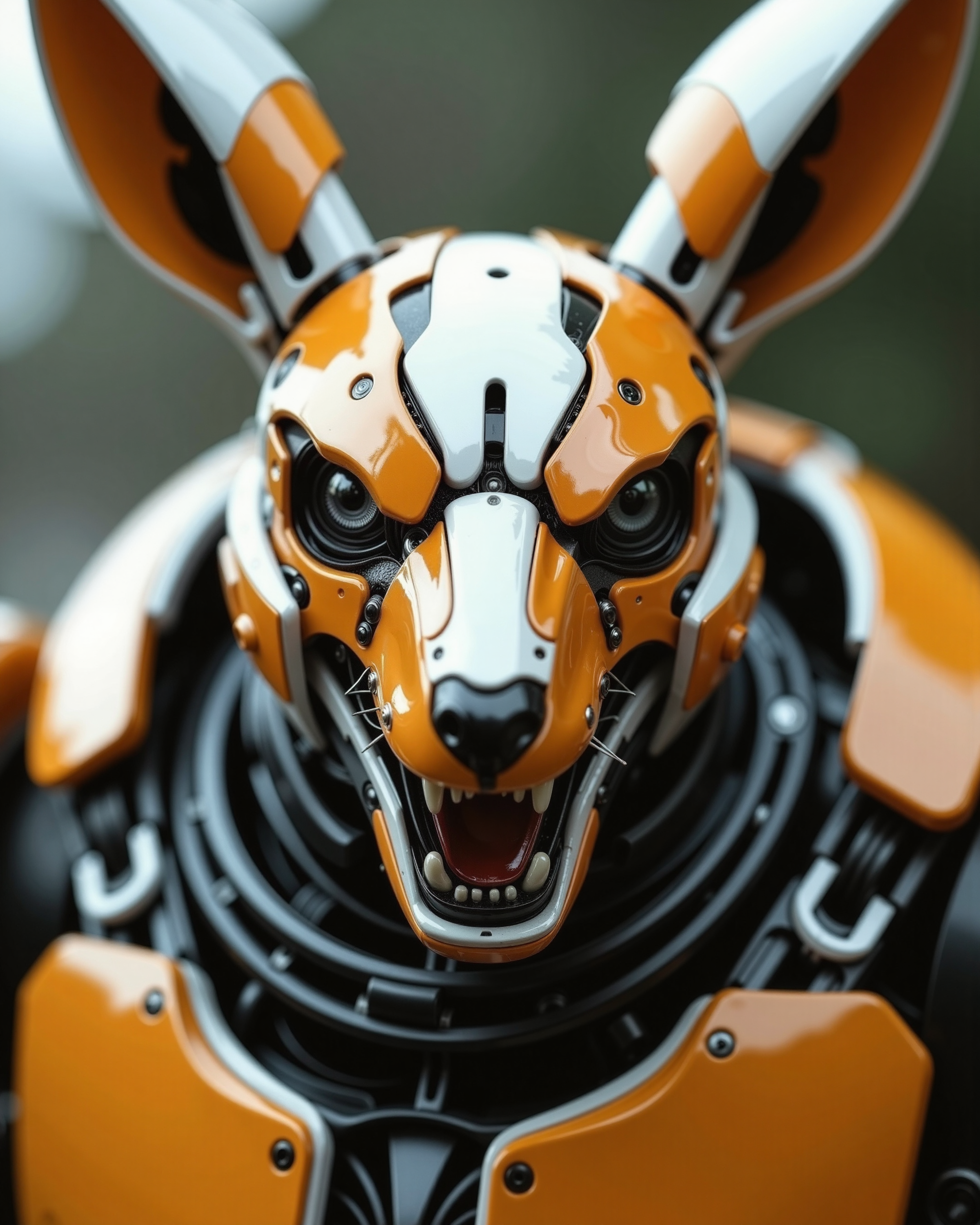 A highly detailed, high-quality image in the style of ckrcc, close up of a robotic kangaroo army, black eyes, white and orange head, harp teeth, roaring, transformers inspired,