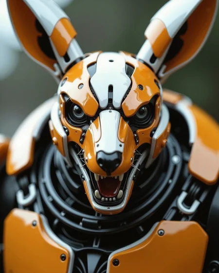 A highly detailed, high-quality image in the style of ckrcc, close up of a robotic kangaroo army, black eyes, white and orange head, harp teeth, roaring, transformers inspired,