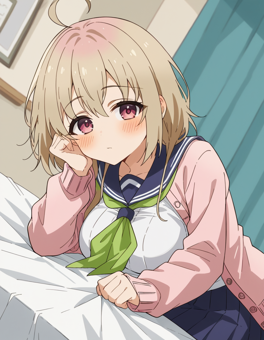 score_9, score_8_up, score_7_up, source_anime, <lora:kinu-tanukikouji-s1-ponyxl-lora-nochekaiser:1>, kinu tanukikouji, bangs, blonde hair, pink eyes, medium hair, sidelocks, ahoge, large breasts,, skirt, shirt, long sleeves, school uniform, white shirt, pleated skirt, open clothes, serafuku, sailor collar, blue skirt, neckerchief, cardigan, blue sailor collar, open cardigan, pink cardigan, green neckerchief,, indoors, bed, bed room, on side, blush, drunk,, , looking at viewer, sitting, head rest, table,, solo,, cowboy shot, dutch angle