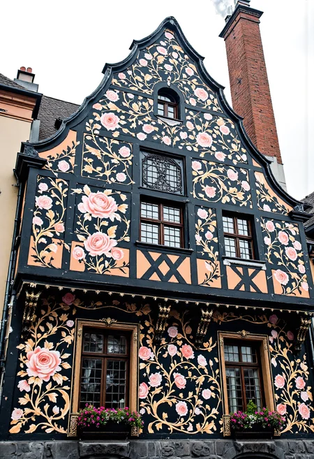 A historic European facade with Baroque-inspired floral mural, featuring intricate rose and vine patterns across the building. The building has a unique, curved gable with black and peach-toned walls, adorned with stylized golden accents and decorative trims. Rustic arched windows with dark wooden frames, detailed iron grilles, and small flower boxes enhance the structureâs elegance. Smoke wafts gently from a tall brick chimney, set against a cloudy, overcast sky. Realistic lighting, soft shadowing, and vibrant color contrasts between the flowers and walls. in the style of Jed-clrfl <lora:flux-colourful:0.5> <lora:Sinfully_Stylish_.02_for_FLUX:0.8> <lora:FluxDFaeTasticDetails:0.6>