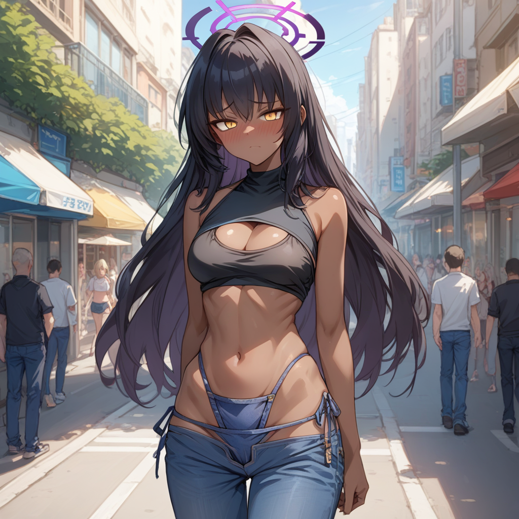 score_9, score_8_up, score_7_up, source_anime, expressive, anime, Artist speedlines, dynamic, 1woman, (Karin_(Blue Archive)), (dark-skinned_female:1.2), yellow eyes, meme_attire, (bikini_jeans:1.0), pants, panties, side-tie panties, highleg_bikini, clothing cutout, denim, lowleg_pants, denim_bikini,blush, blushing, embarrassed,  b3hindcurt4in, outdoors, urban, sunlight, light filtering,