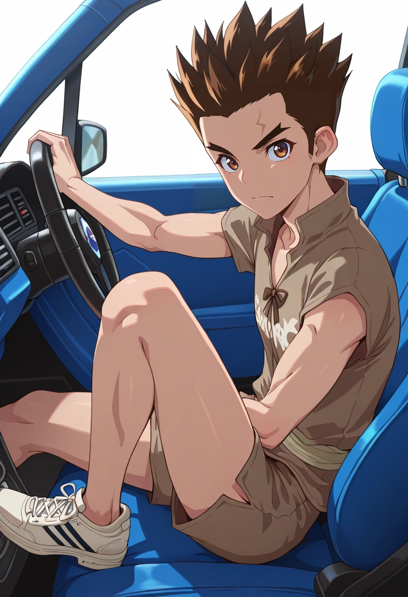 masterpiece, best quality, , , looking at viewer, 1boy, solo, male focus, <lora:taiju_ooki_ilxl:0.9>, taiju_ooki, brown hair, brown eyes, short hair, spiked hair, , Seersucker shorts, Chambray shirt, Driving shoes, ,