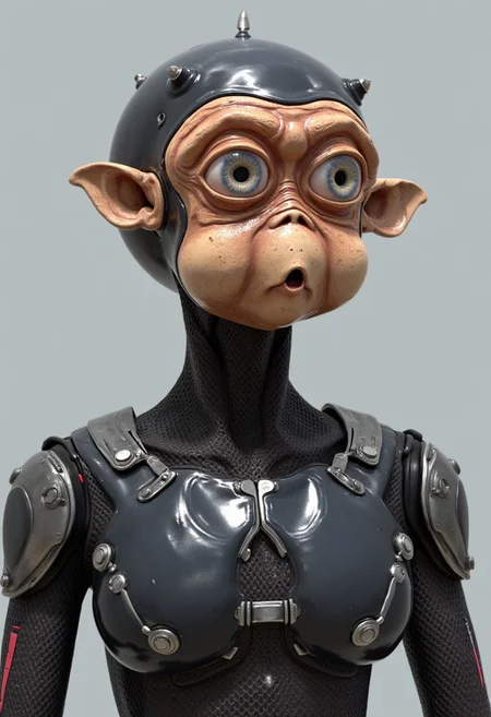 w1z_m4ch1n4, mechanical Mac the alien cyborg, with a soft rubber face, and glossy carbon armor plate cyborg body.