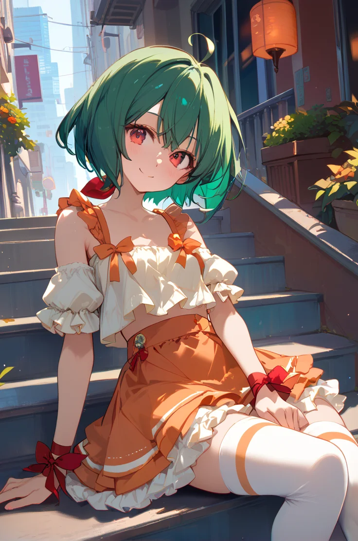 score_9, score_8_up, score_7_up, source_anime,
street, cityscape,
light smile, blush, sitting on stairs, looking at viewer,
small breasts,
<lora:rankaidol_autismConfetti_v08:0.99>ranka lee, green hair, red eyes, short hair, ahoge,
idol clothes, skirt, thighhighs, layered skirt, orange skirt, wrist ribbon, white thighhighs, bare shoulders, (navel:0.2),, zPDXL